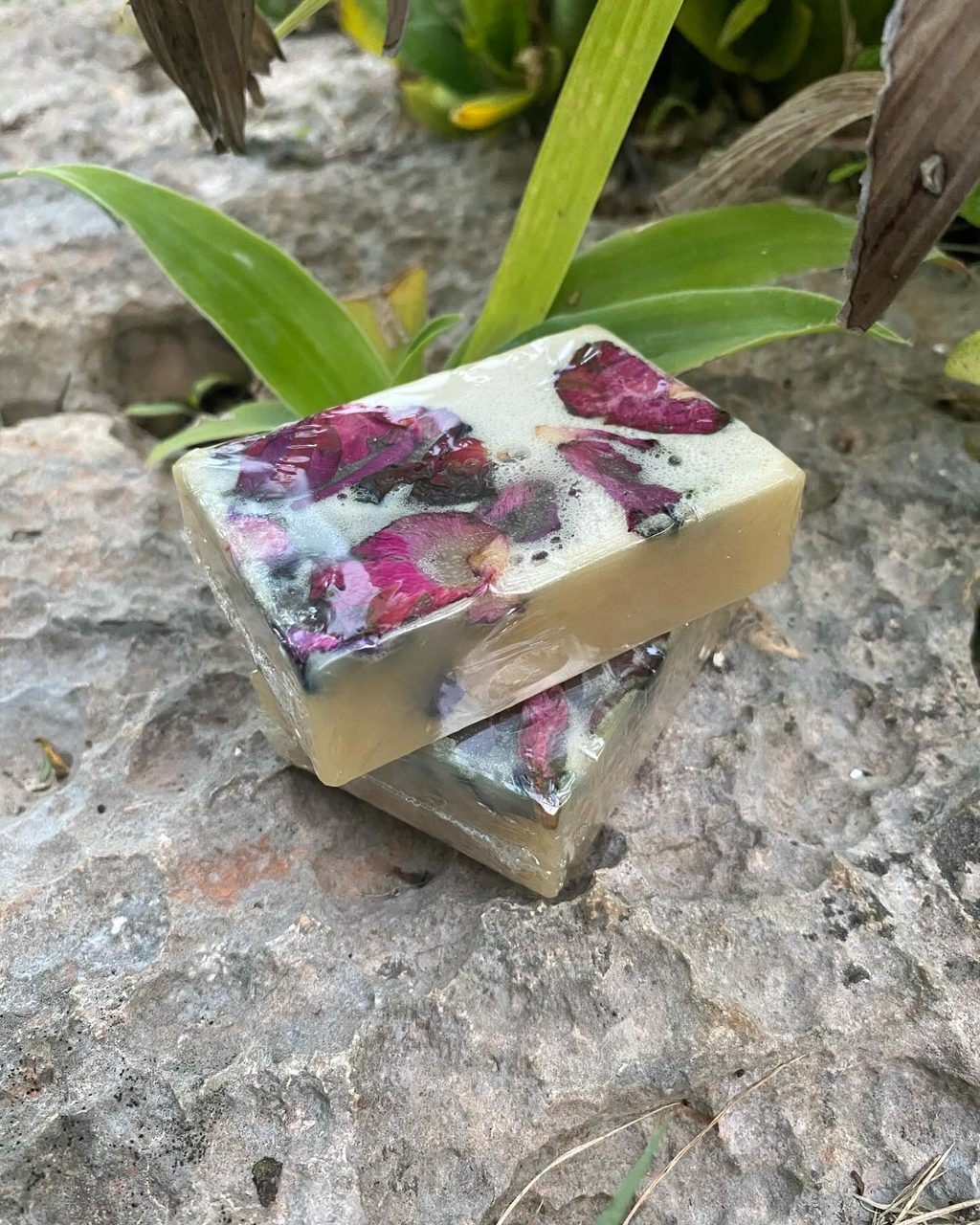 Soap embedded with dried rose petals